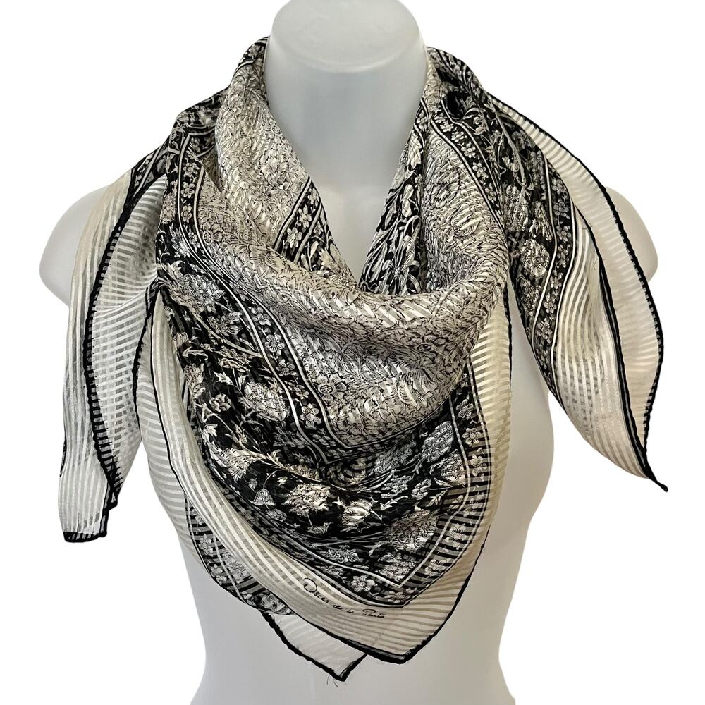 Vintage Oscar de la Renta Black Ivory White Floral Print Striped Silk Scarf